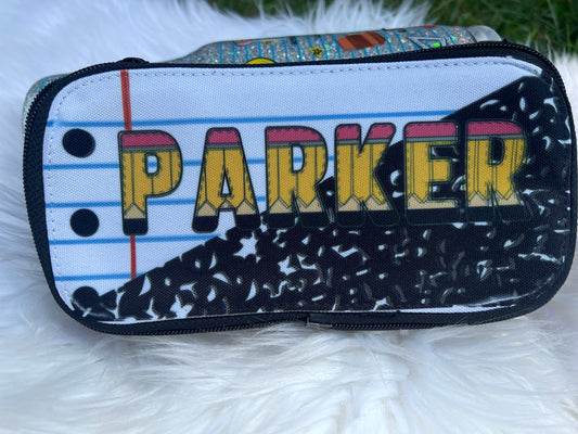 Pencil case with 'PARKER' printed on it against a white background