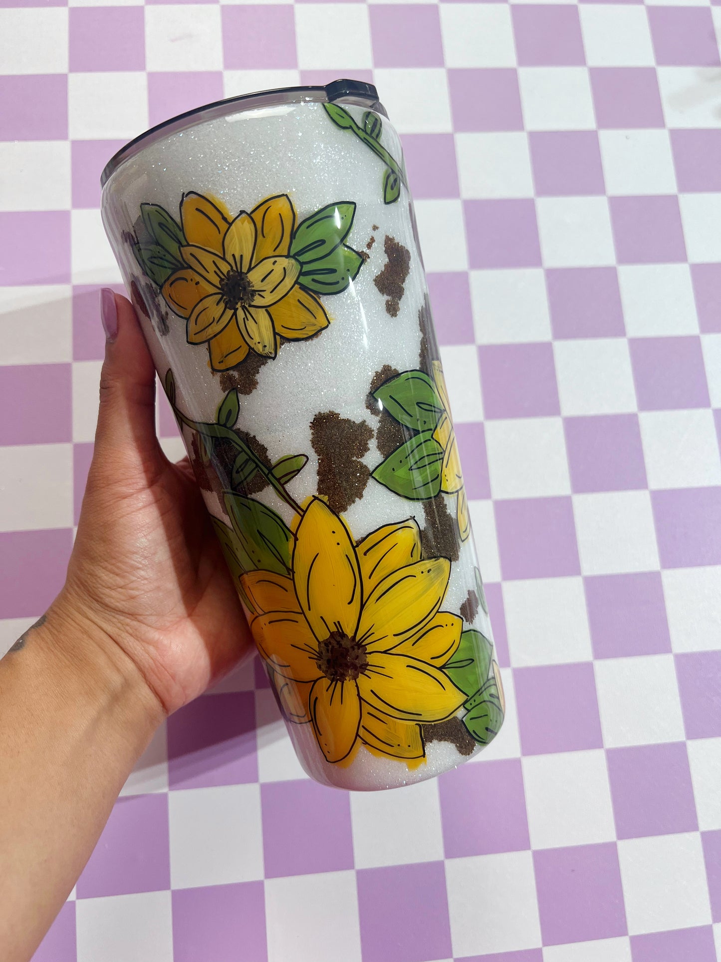 Hand painted Sunflower cow print tumbler