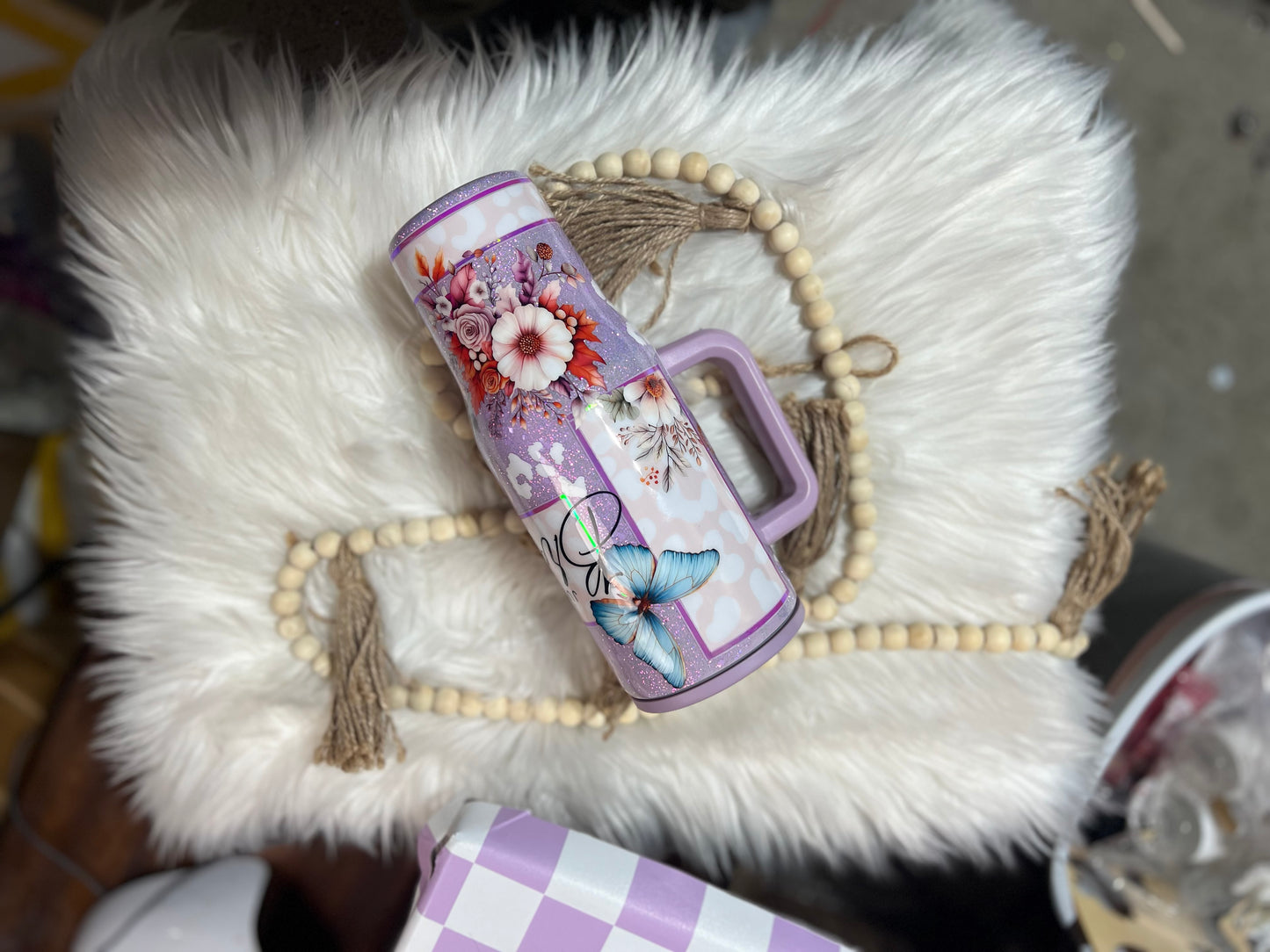40oz Leak Proof Lilac tumbler with leopard print, autumn florals and butterflies
