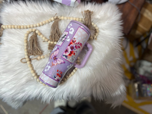 40oz Leak Proof Lilac tumbler with leopard print, autumn florals and butterflies