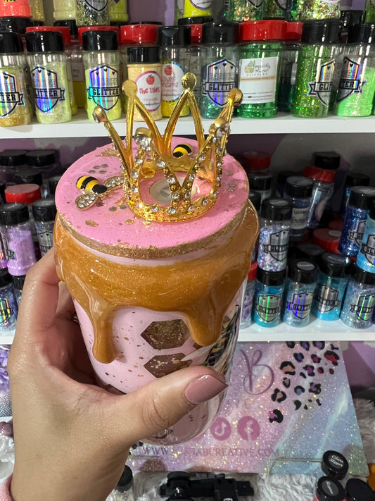 Queen Bee Snow Globe Glass Can Tumbler | 16oz Glitter Cup with Straw | Custom Drinkware Gift