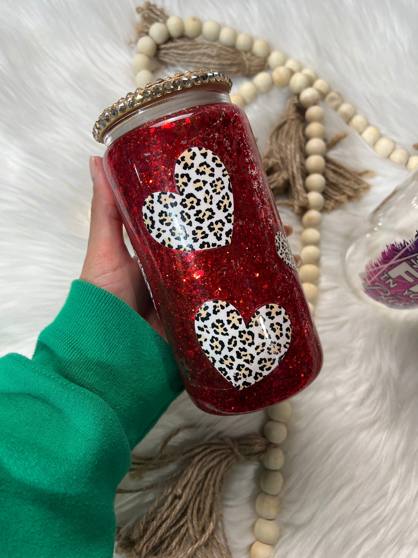 Leopard Heart Snow Globe Tumbler with Rhinestone Lid