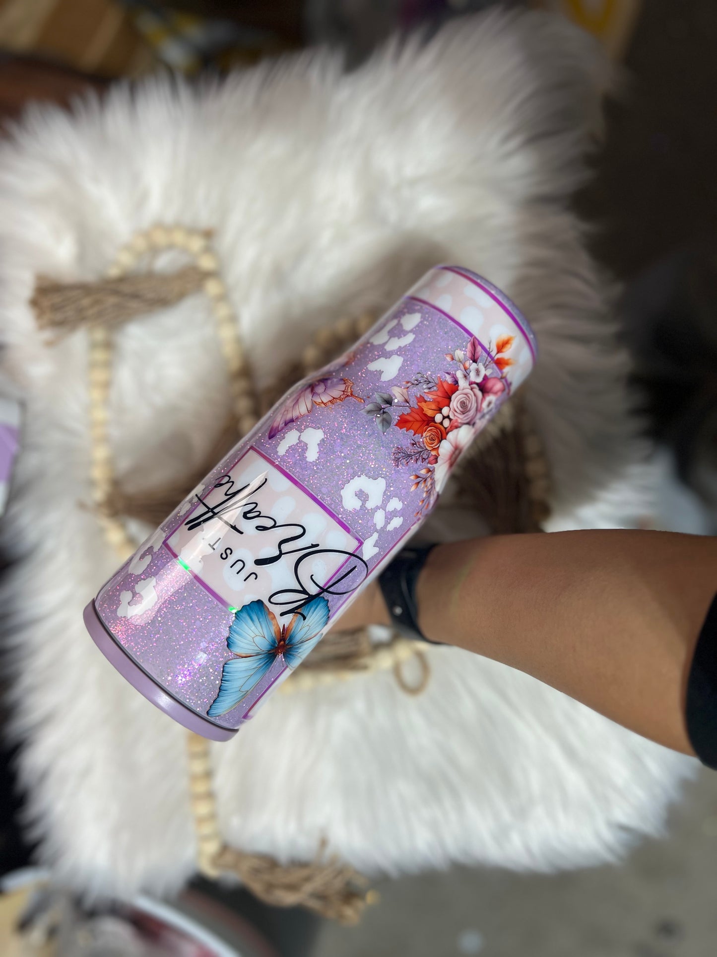 40oz Leak Proof Lilac tumbler with leopard print, autumn florals and butterflies