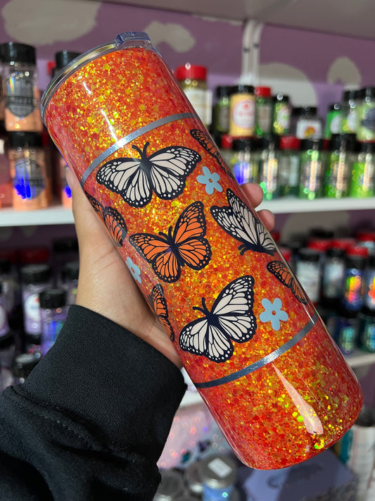 20oz Orange Glitter Monarch Butterfly tumbler