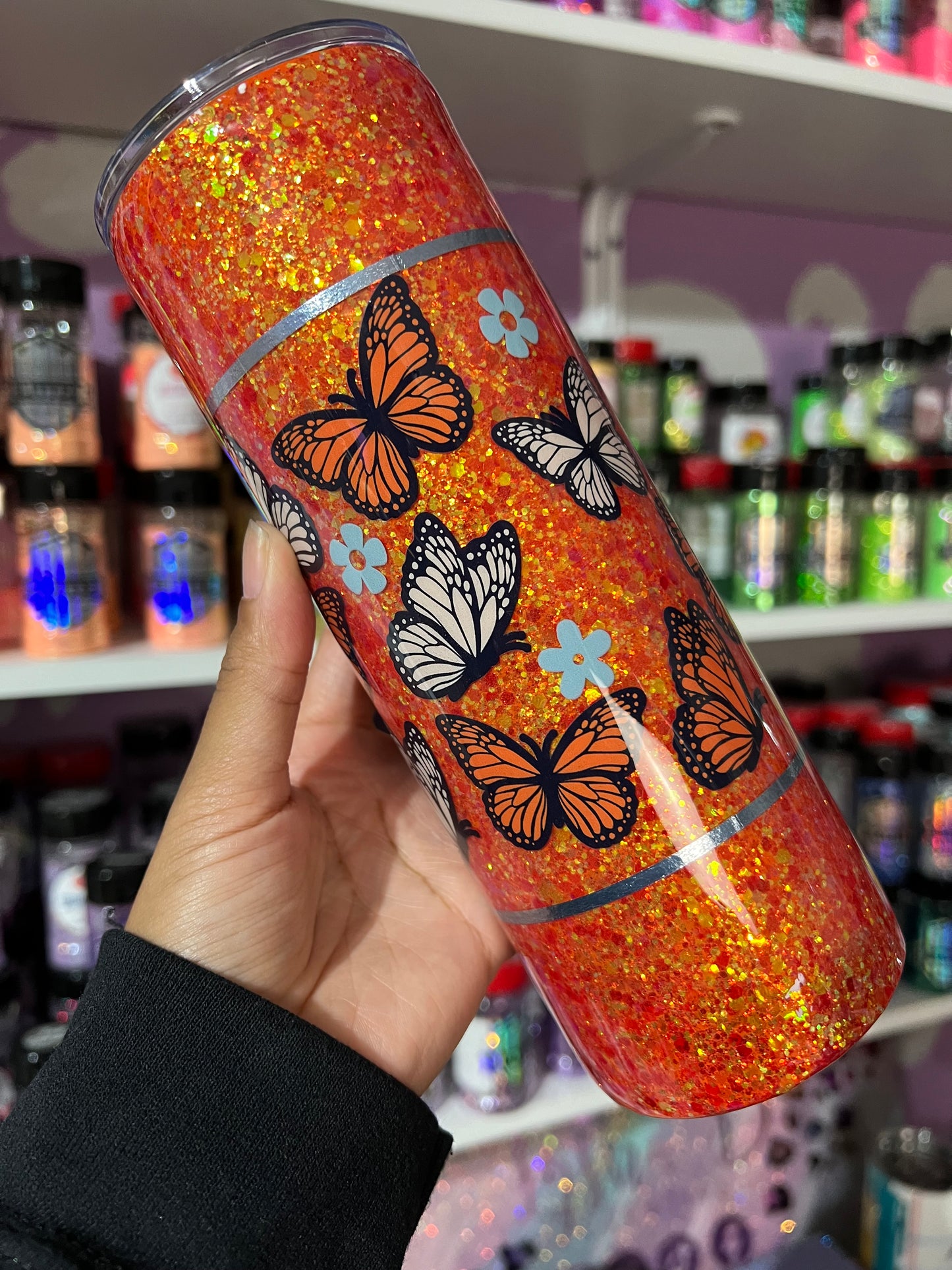 20oz Orange Glitter Monarch Butterfly tumbler