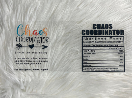 Chaos Coordinator nutrition label UVDTF wrap