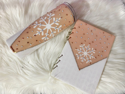 MADE TO ORDER: Winter Glitter and rhinestone Snowflake Tumbler and Matching acrylic notebook